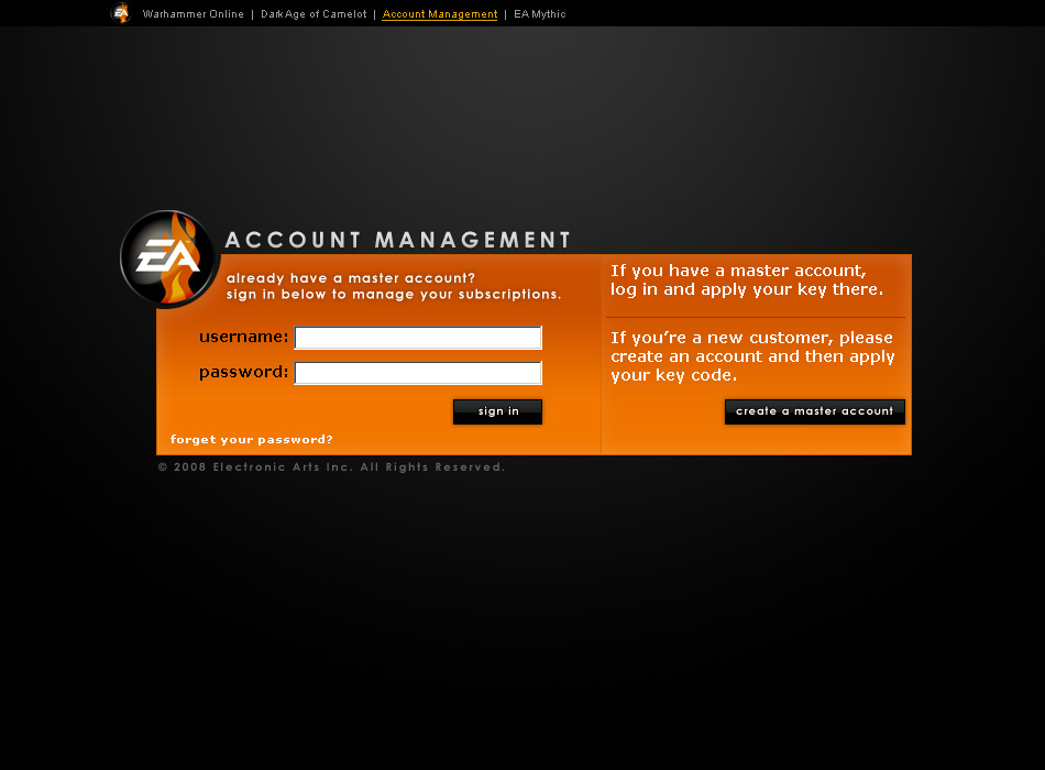 EA Mythic Account Management - Login