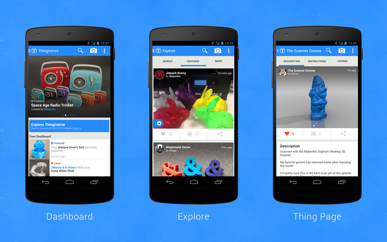 Thingiverse for Android - Dashboard, Explore, Thing Page