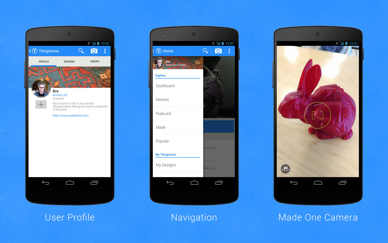Thingiverse for Android - Profile, Menu, Made One