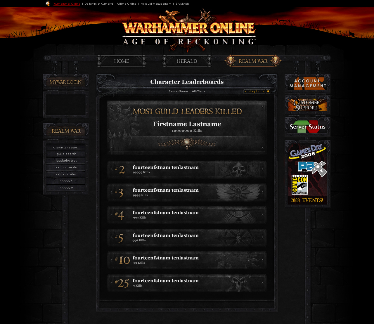 Warhammer Online - Launch Site - Realm War Leaderboard Listings